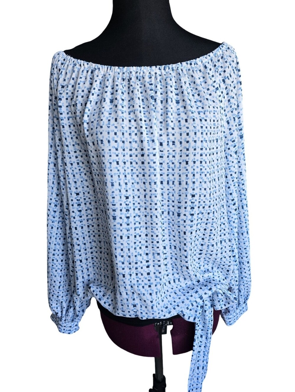 CeCe Blue and White Off-Shoulder Printed Tie-Hem Long Sleeve Blouse Size L